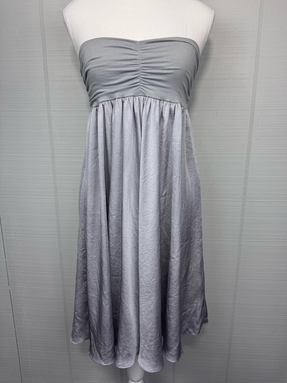 CAbi Gray Silver Strapless Sweetheart Ruched Dress Convertible Ballet Midi Skirt